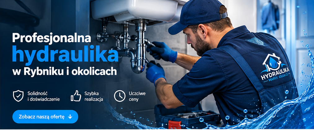Ilustracja: hydraulik w granatowym kombinezonie montuje syfon pod umywalką